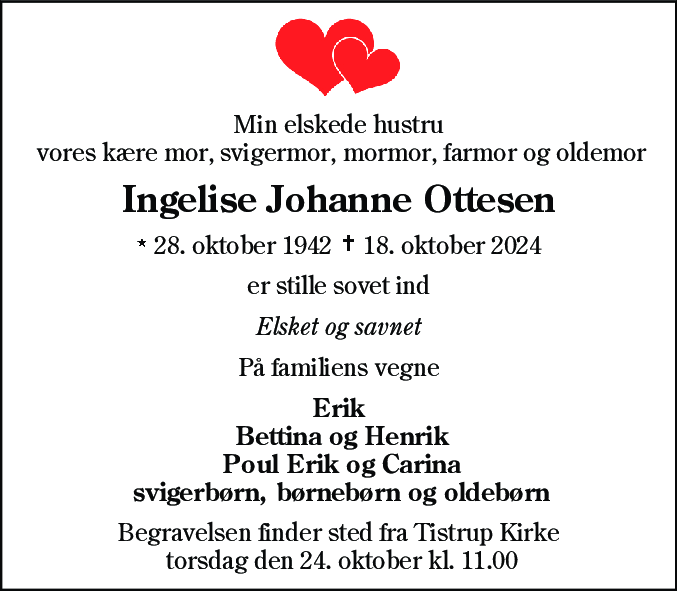 Dødsannonce for Ingelise Johanne Ottesen