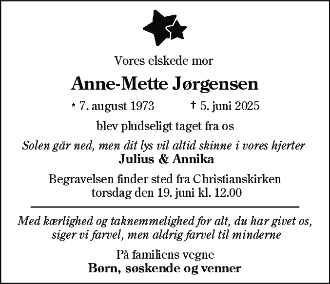 Dødsannonce for Anne-Mette Jørgensen