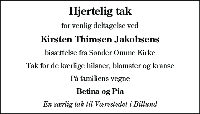 Dødsannonce for Kirsten Thimsen Jakobsen
