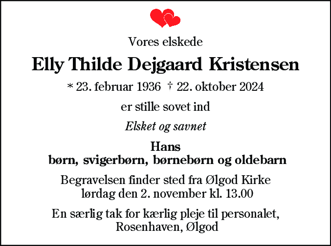 Dødsannonce for Elly Thilde Dejgaard Kristensen