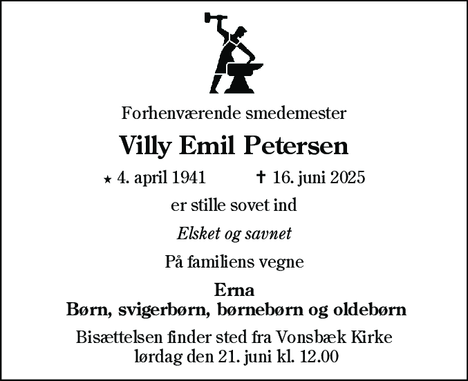 Dødsannonce for Villy Emil Petersen