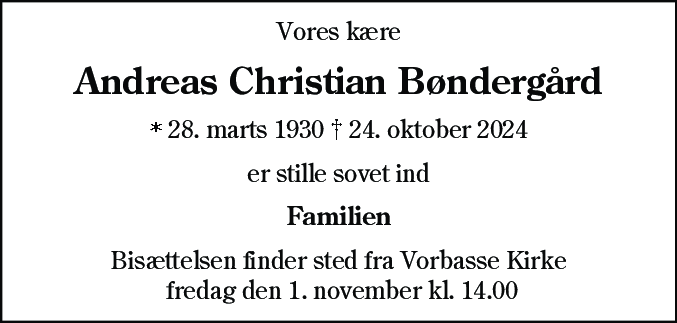 Dødsannonce for Andreas Christian Bøndergård