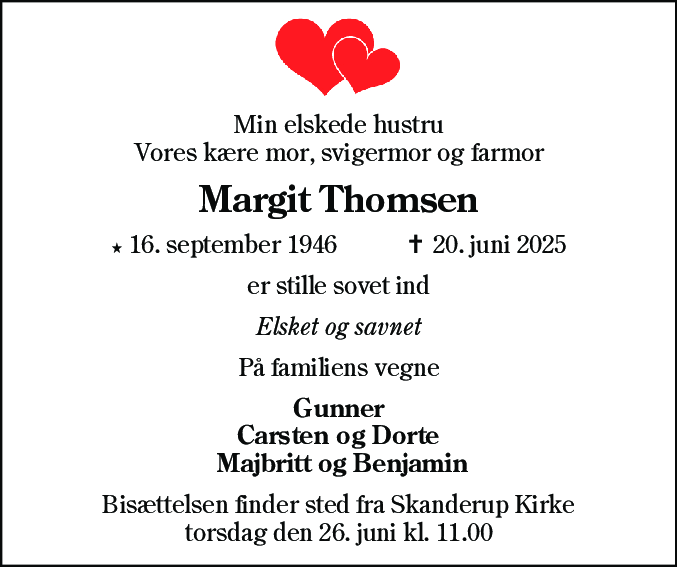 Dødsannonce for Margit Thomsen