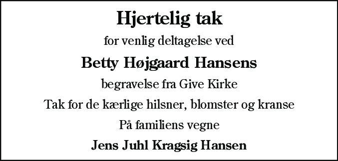 Dødsannonce for Betty Højgaard Hansen