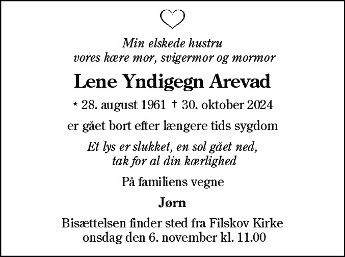 Dødsannonce for Lene Yndigegn Arevad