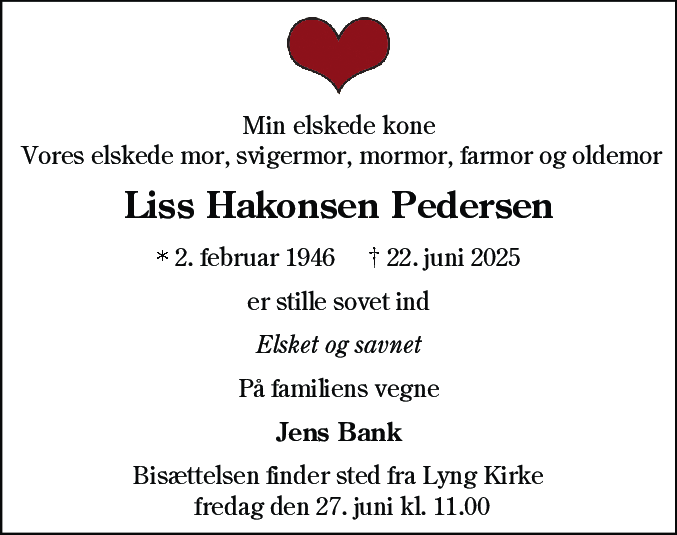 Dødsannonce for Liss Hakonsen Pedersen