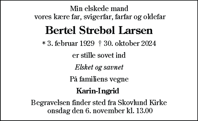 Dødsannonce for Bertel Strebøl Larsen