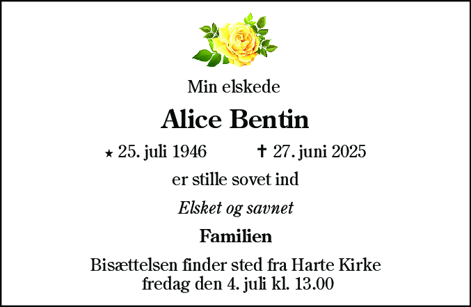 Dødsannonce for Alice Bentin