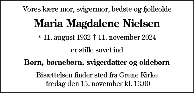 Dødsannonce for Maria Magdalene Nielsen