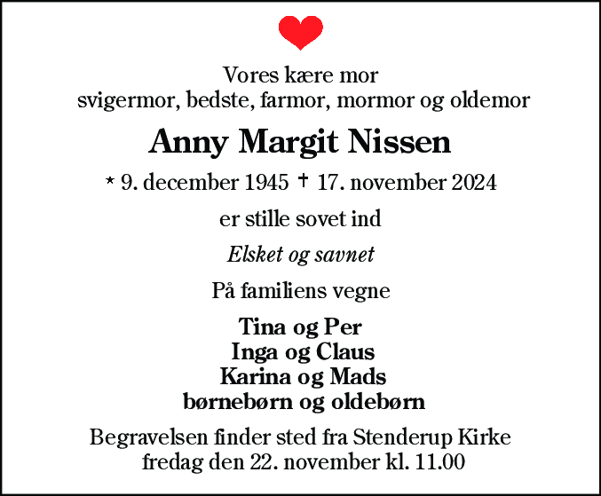 Dødsannonce for Anny Margit Nissen