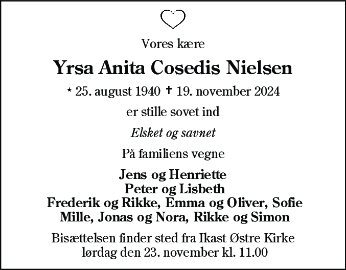 Dødsannonce for Yrsa Anita Cosedis Nielsen