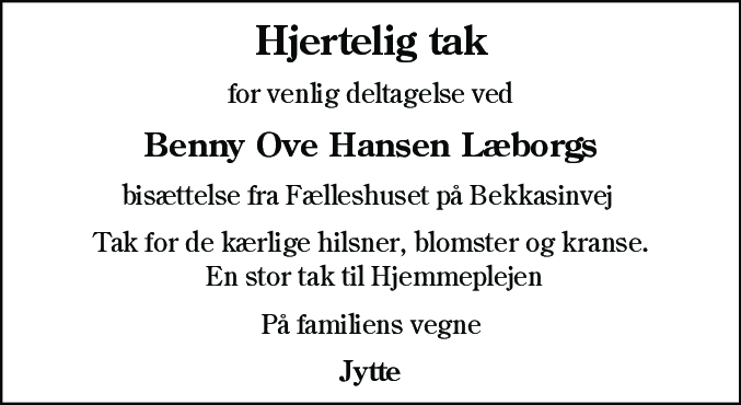 Dødsannonce for Benny Ove Hansen Læborg