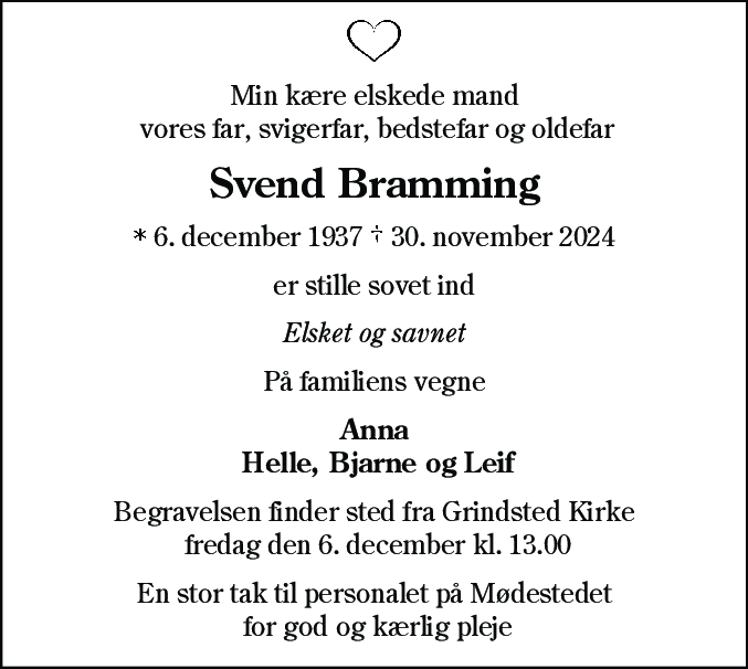 Dødsannonce for Svend Bramming