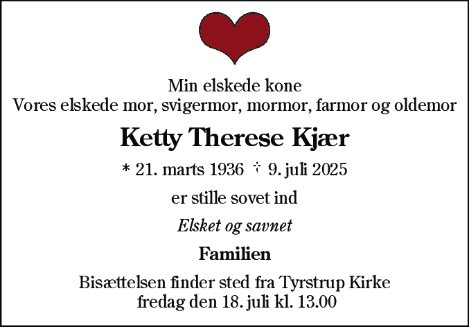Dødsannonce for Ketty Therese Kjær