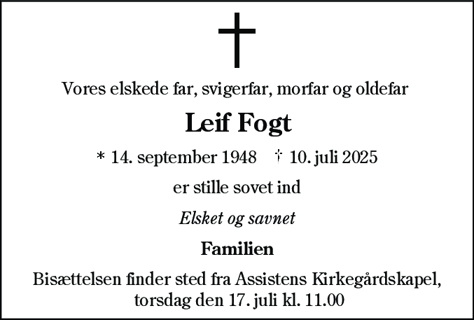 Dødsannonce for Leif Fogt