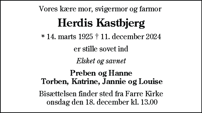 Dødsannonce for Herdis Gunvor Solveig Kastbjerg