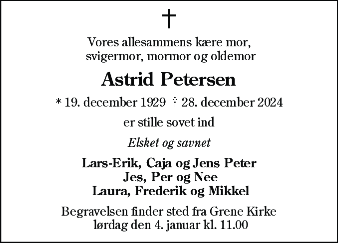 Dødsannonce for Astrid Petersen
