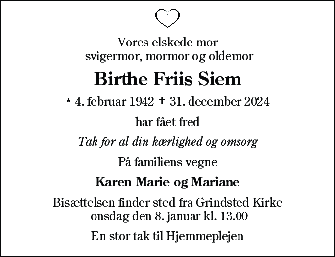 Dødsannonce for Birthe Friis Siem