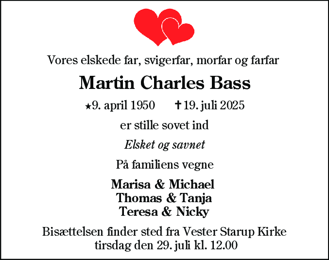 Dødsannonce for Martin Charles Bass