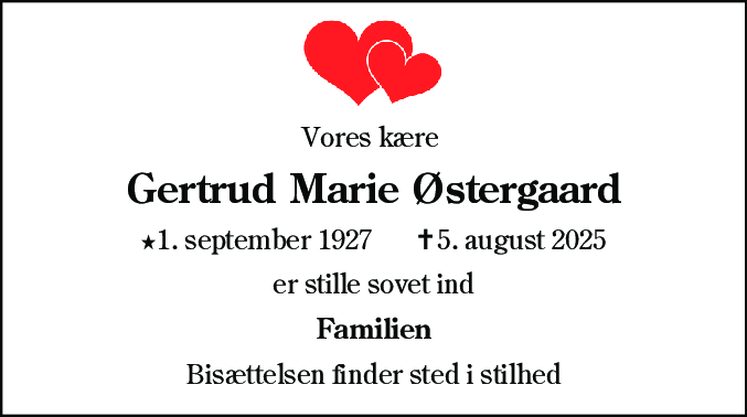 Dødsannonce for Gertrud Marie Østergaard