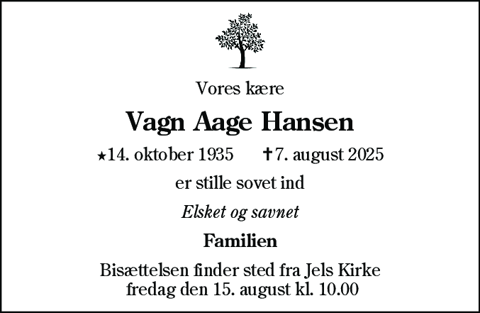 Dødsannonce for Vagn Aage Hansen
