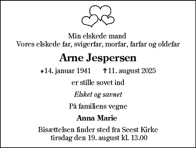 Dødsannonce for Arne Jespersen