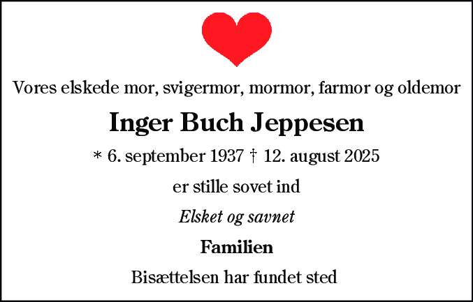 Dødsannonce for Inger Buch Jeppesen