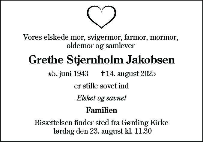 Dødsannonce for Grethe Stjernholm Jakobsen