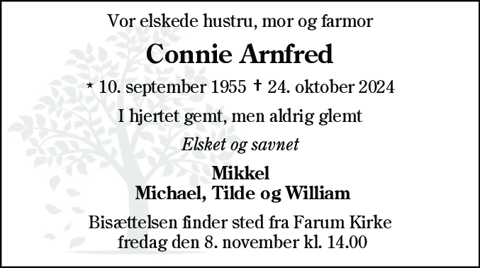Dødsannonce for Connie Arnfred