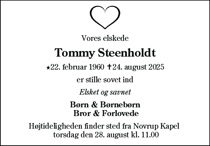 Dødsannonce for Tommy Steenholdt