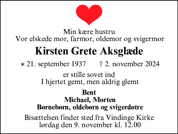 Dødsannonce for Kirsten Grete Aksglæde