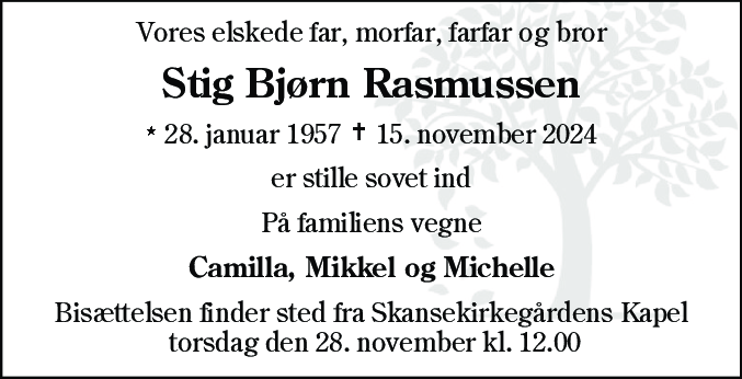 Dødsannonce for Stig Bjørn Rasmussen