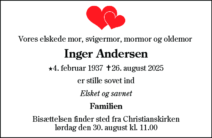 Dødsannonce for Inger Andersen