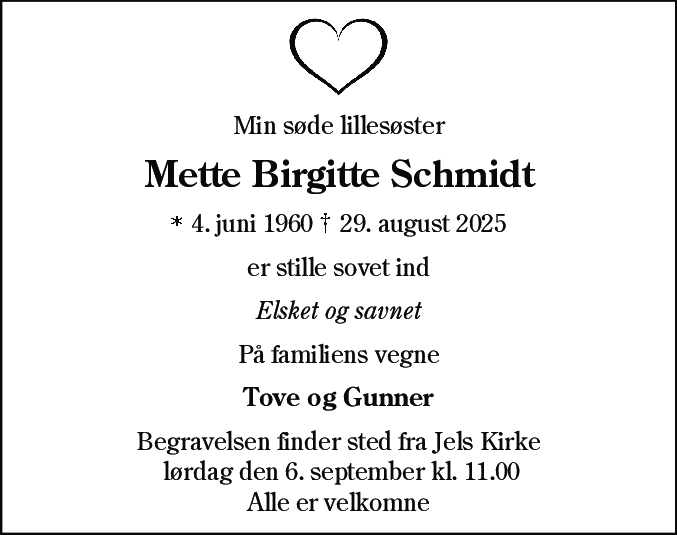 Dødsannonce for Mette Birgitte Schmidt