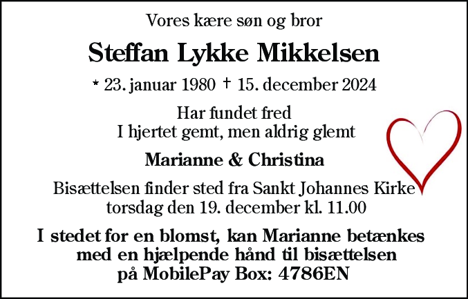 Dødsannonce for Steffan Lykke Mikkelsen