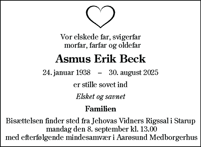 Dødsannonce for Asmus Erik Beck