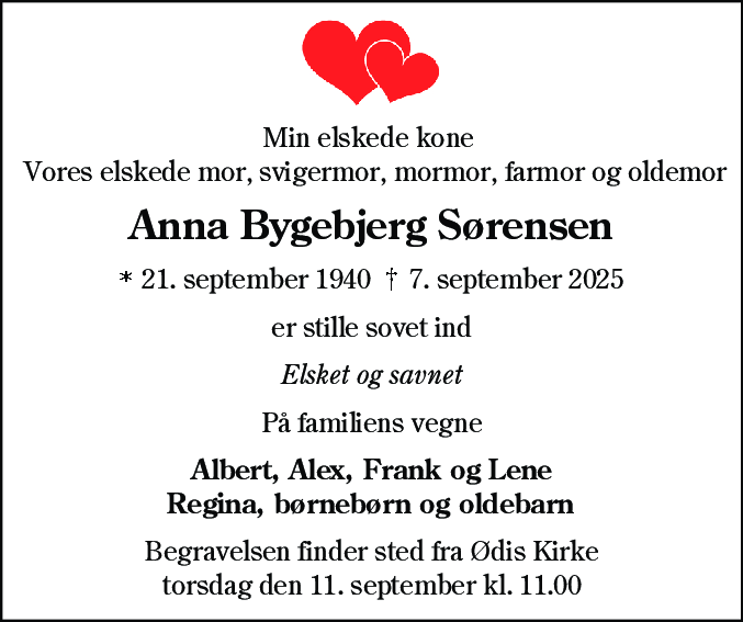 Dødsannonce for Anna Bygebjerg Sørensen