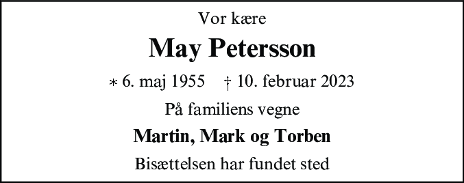 Dødsannonce for May Petersson