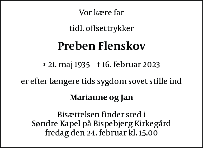 Dødsannonce for Preben Flenskov