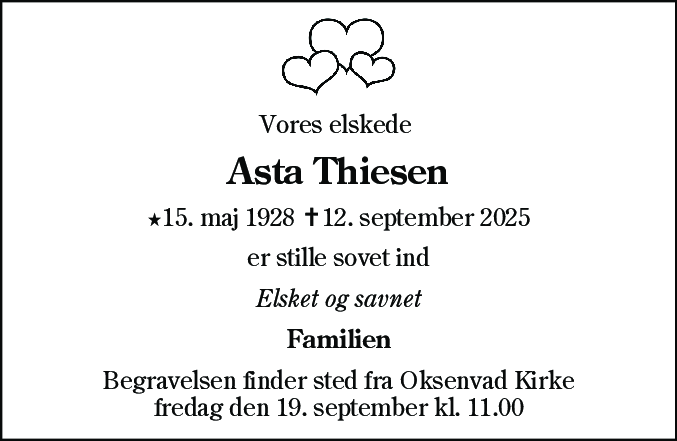 Dødsannonce for Asta Thiesen