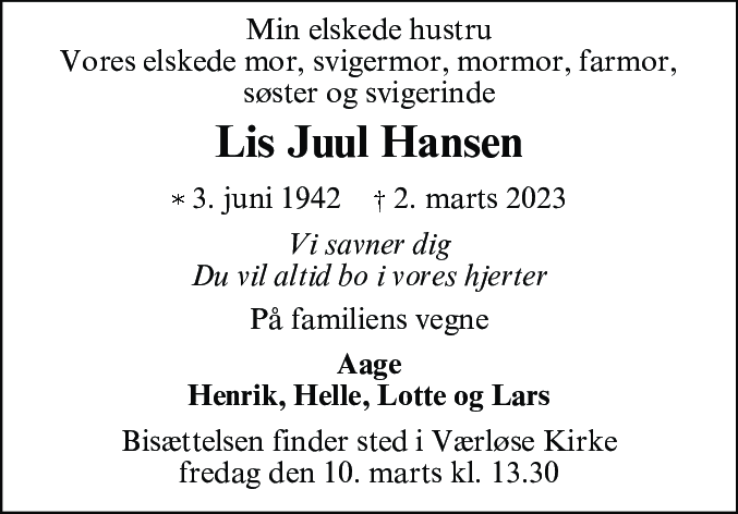 Dødsannonce for Inge Lis Hansen