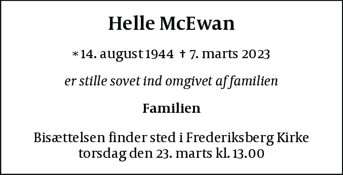 Dødsannonce for Helle Margrethe Mc'Ewan