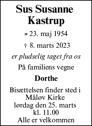 Dødsannonce for Susanne Kastrup