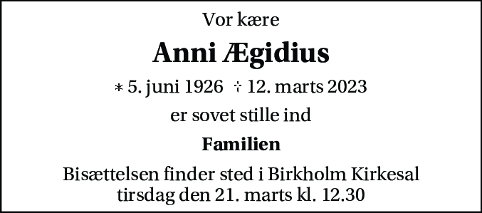 Dødsannonce for Anni Ægidius