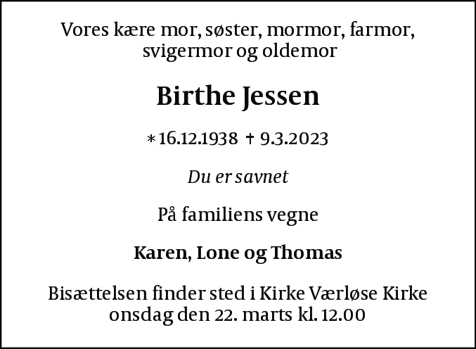 Dødsannonce for Birthe Jessen