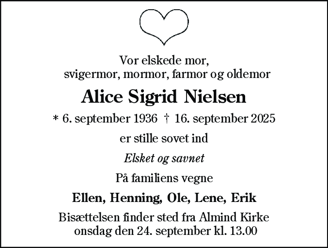 Dødsannonce for Alice Sigrid Nielsen