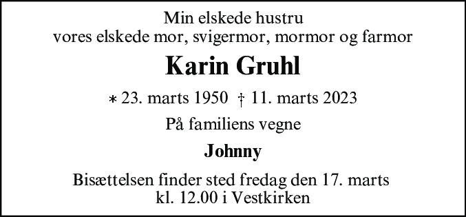 Dødsannonce for Karin Gruhl
