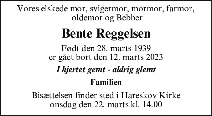 Dødsannonce for Bente Reggelsen