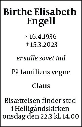 Dødsannonce for Birthe Elisabeth Engell