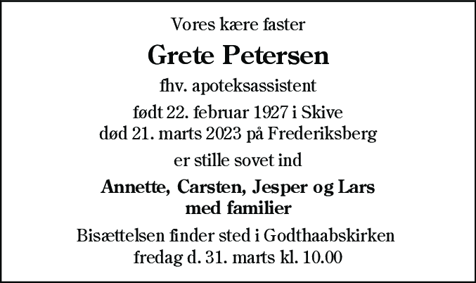 Dødsannonce for Grete Petersen
